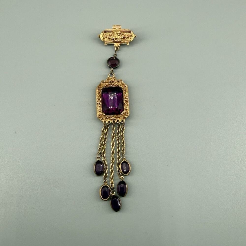 Vintage Purple Faux Gem Brooch Gold Tone Victorian Revival Purple Tassel Dangle
